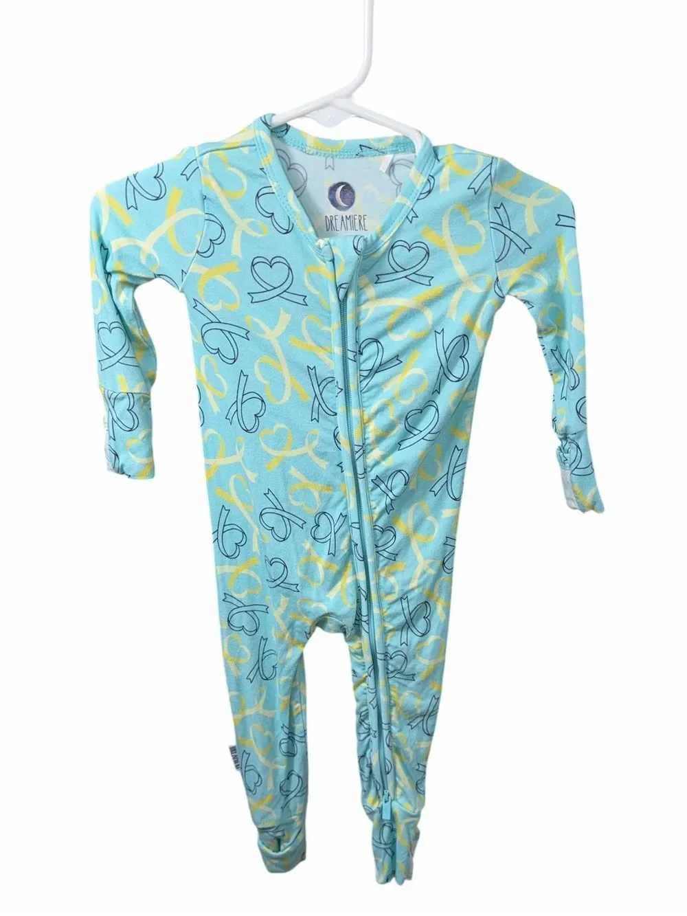 Dreamiere Blue Heart Of Gold Ribbon Infant Bamboo Zippy One Piece Footie